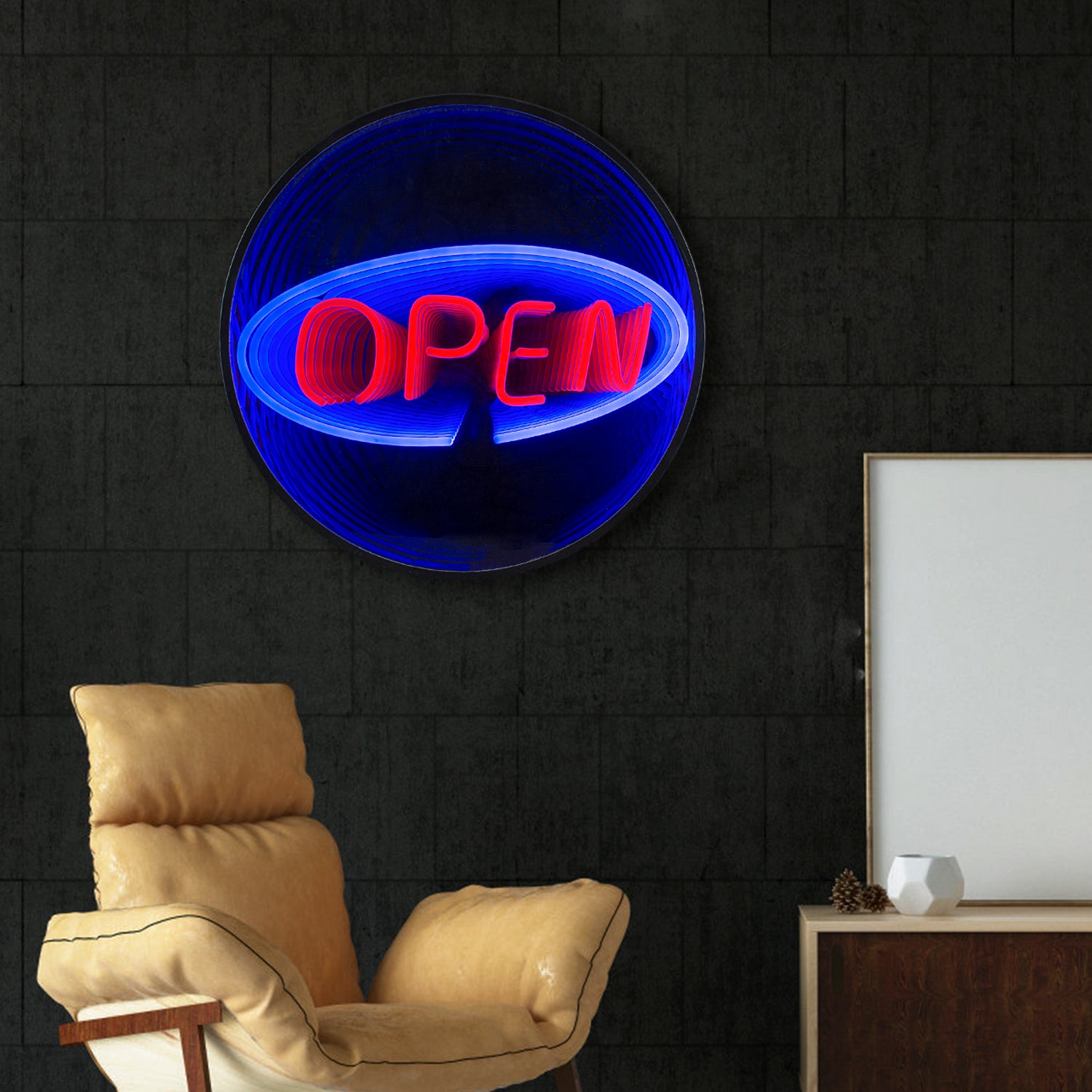 Close-up mockup of a square 'Shop Open' infinity mirror neon sign on a stone wall.