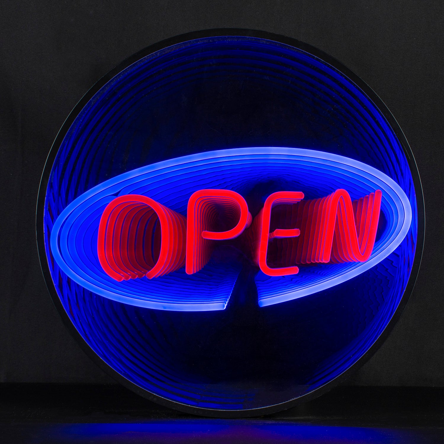 Round 'Open' neon sign with red tubing showing a realistic infinity mirror effect.