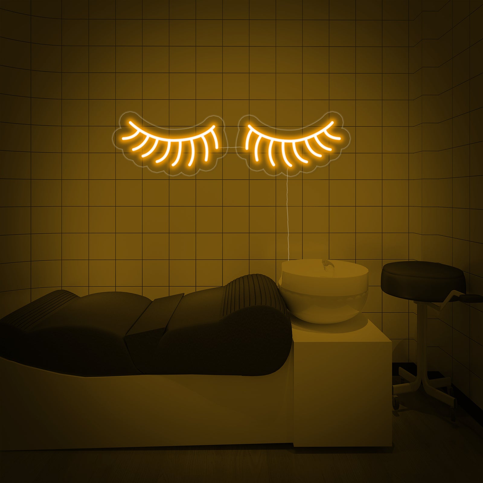 Close-up of a vibrant Simple Lashes neon sign casting a radiant glow.