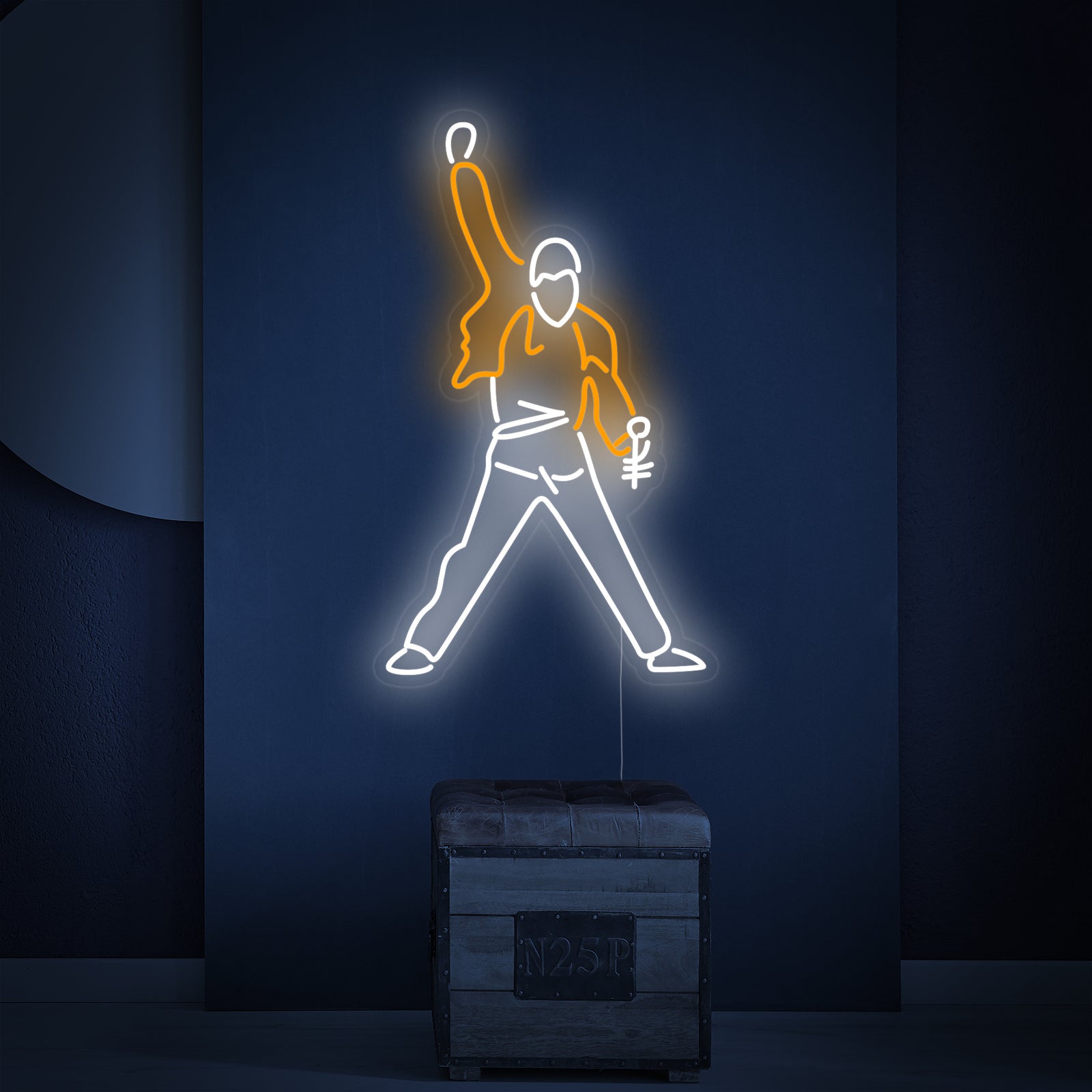 Close-up photograph of the Singing Man Art Music neon sign, showing the detailed glowing tubes and acrylic backing against a clean, textured wall panel.