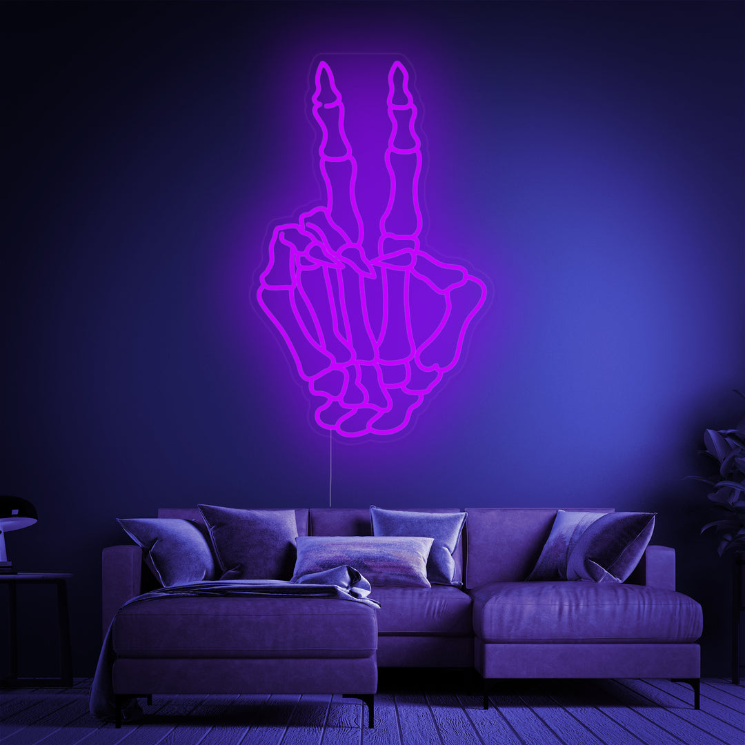 "Skeleton Hand Making Peace Sign Gesture Skull" Neon Sign