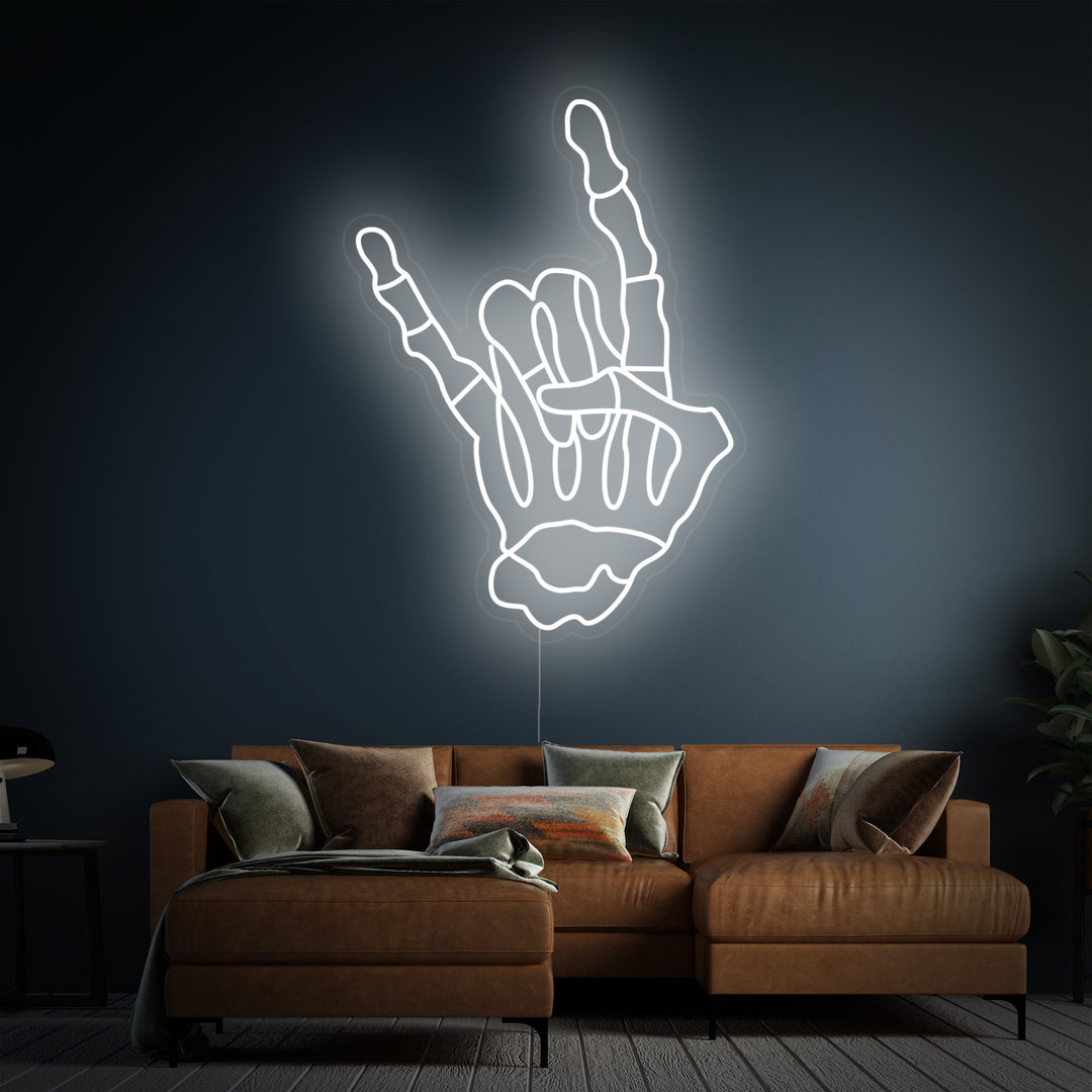 "Skeleton Hand Making Rock and Roll Gesture Skull" Neon Sign