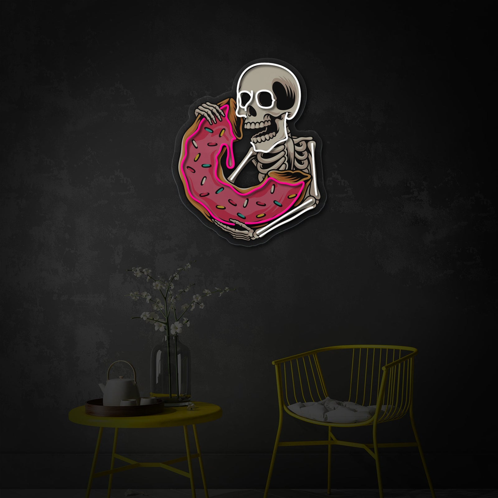 Close-up illustration style view of the 'Skull Eating Delicious Donut' neon sign design, showing a cheerful skull enjoying a pink frosted donut.