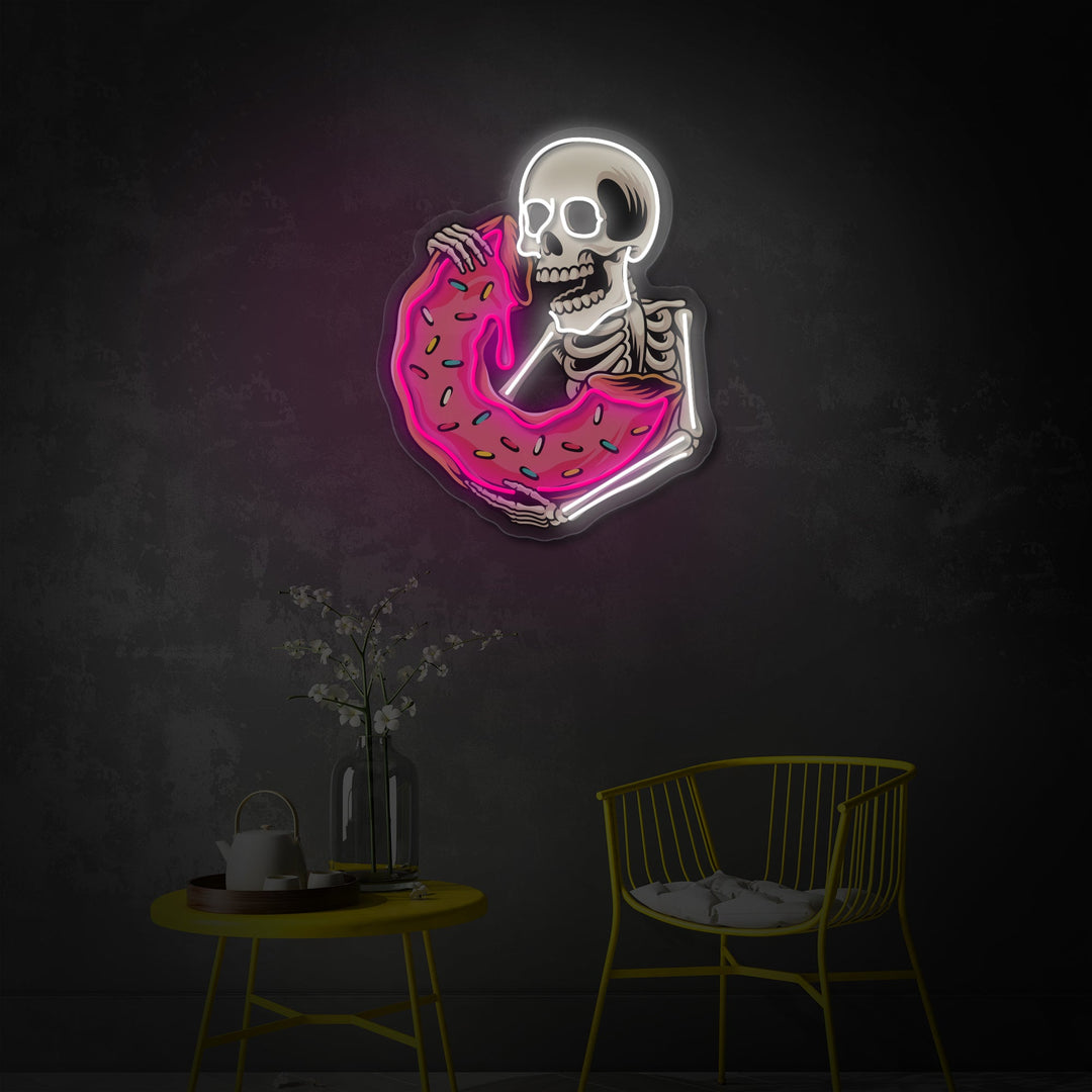 "Skull Eating Delicious Donut" UV Print LED Neon Sign