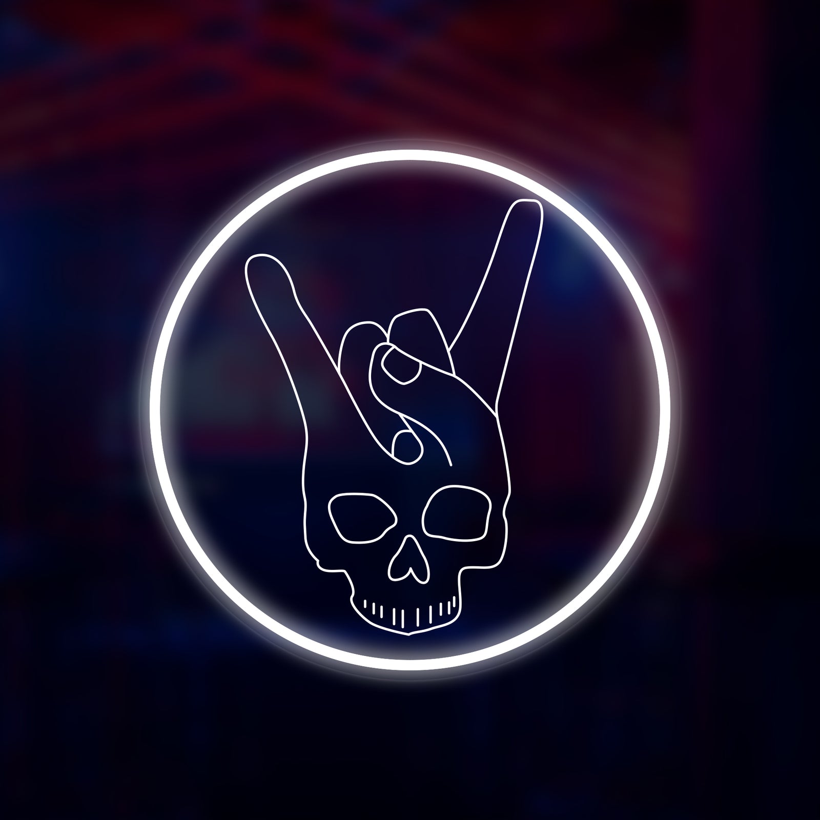A cool skull hand horns rock n roll neon sign glowing in bright pink, mounted on an acrylic backing in a dimly lit room.