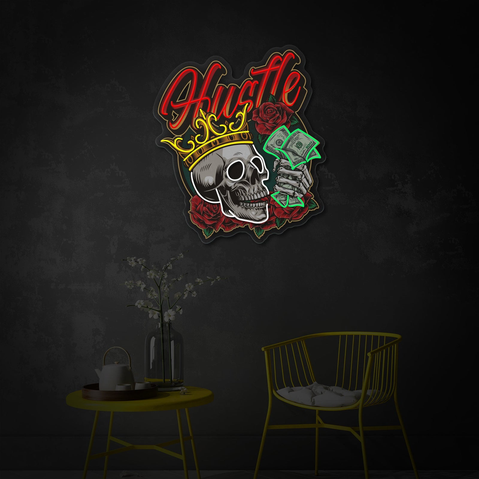 A graphic representation showing the layered design of the skull, crown, roses, and money sign neon light graphic against a dark backdrop.