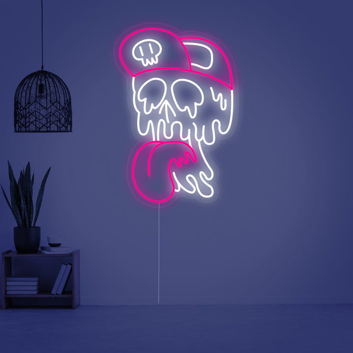 A close-up view of the 'Skull Melting' neon sign shows the detailed glowing outlines in blue and purple on a transparent acrylic backing.