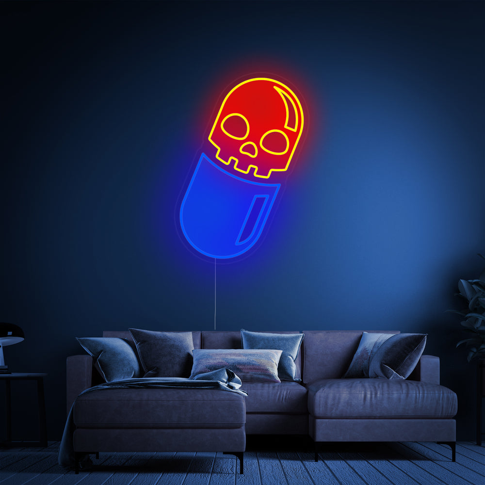 A close-up view of the Skull Pill UV Print Neon Sign, showcasing the intricate UV printed art details on the skull graphic and the bright neon tubing outline.
