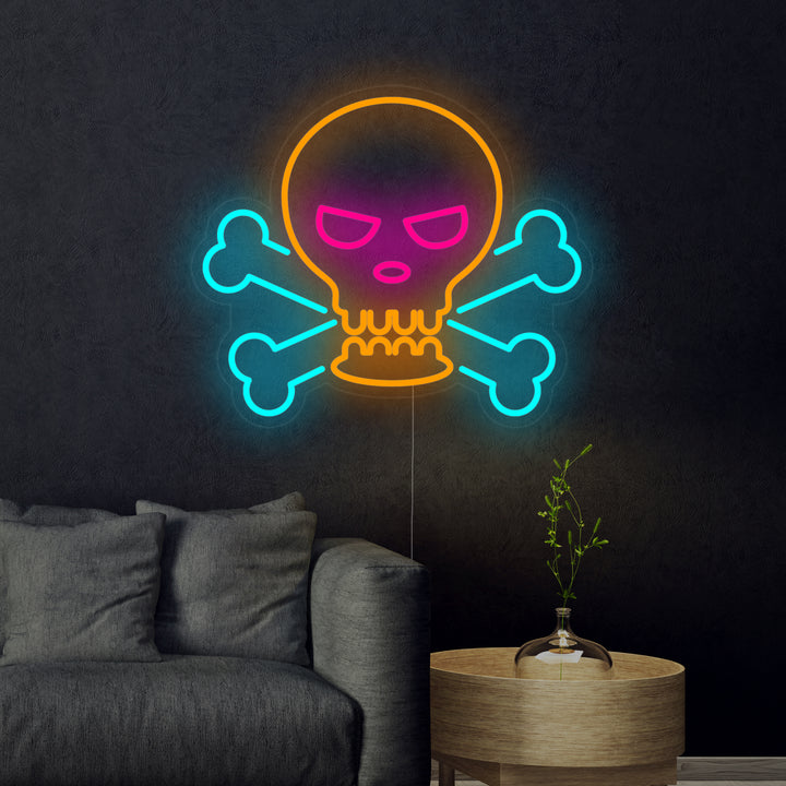 Detailed shot of the 'Skull and Bones' neon sign design against a dark backdrop, showing the classic skull and crossbones outline in bright illumination.