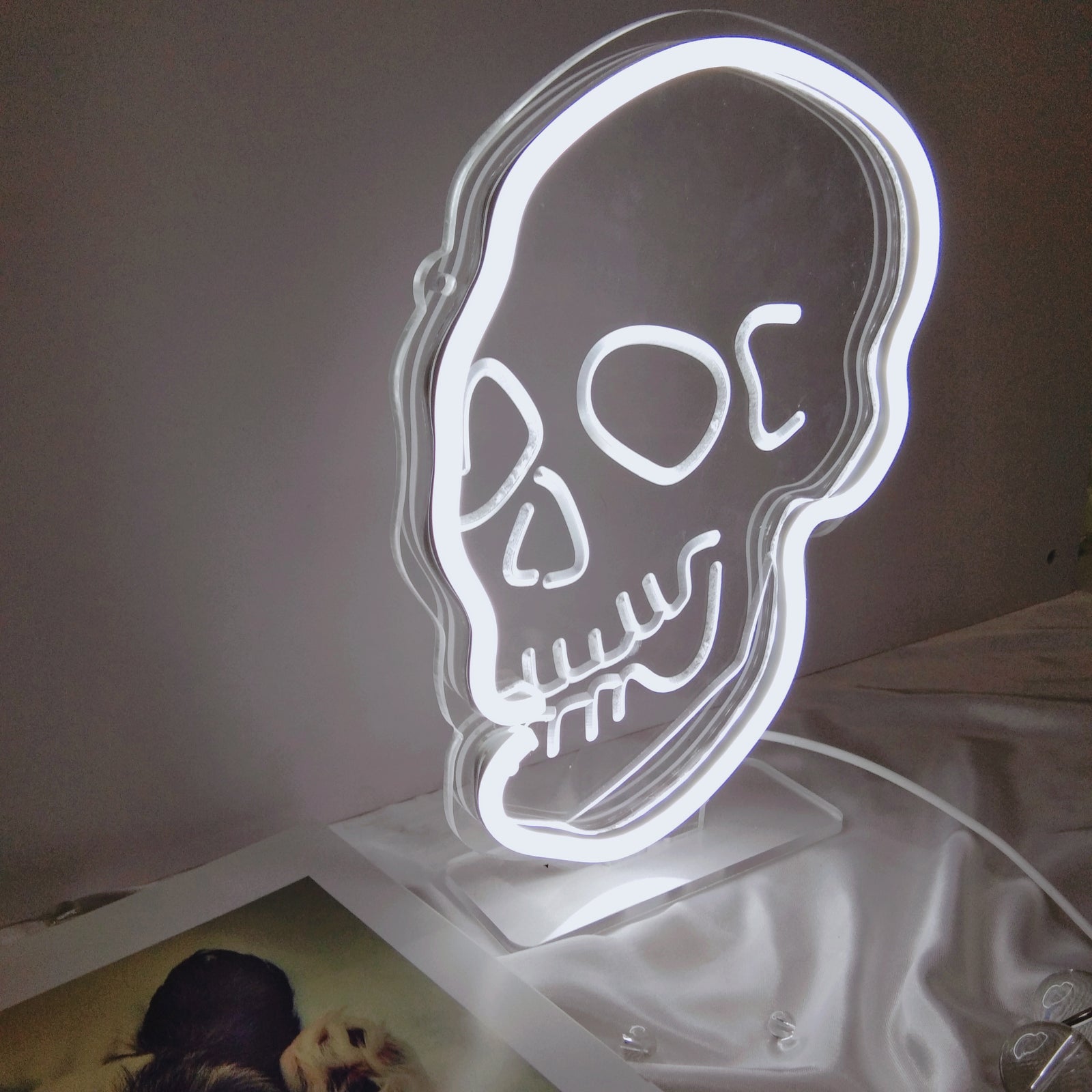 A close-up view of the handmade silicone neon tubing forming the skull shape on a clear, cut-to-shape acrylic backing, unlit.