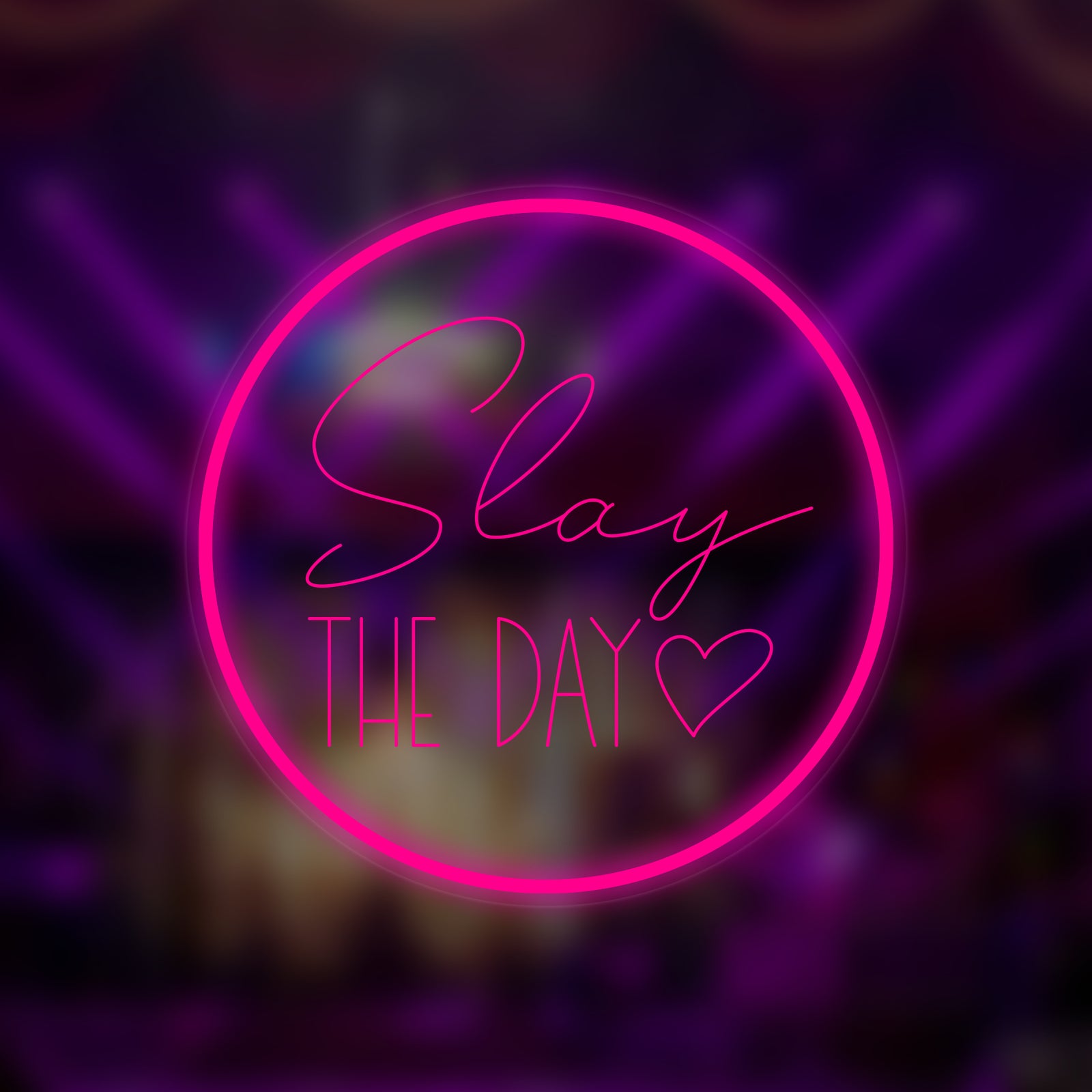 Vibrant "Slay The Day" mini neon sign graphic showing glowing text against a colorful abstract background