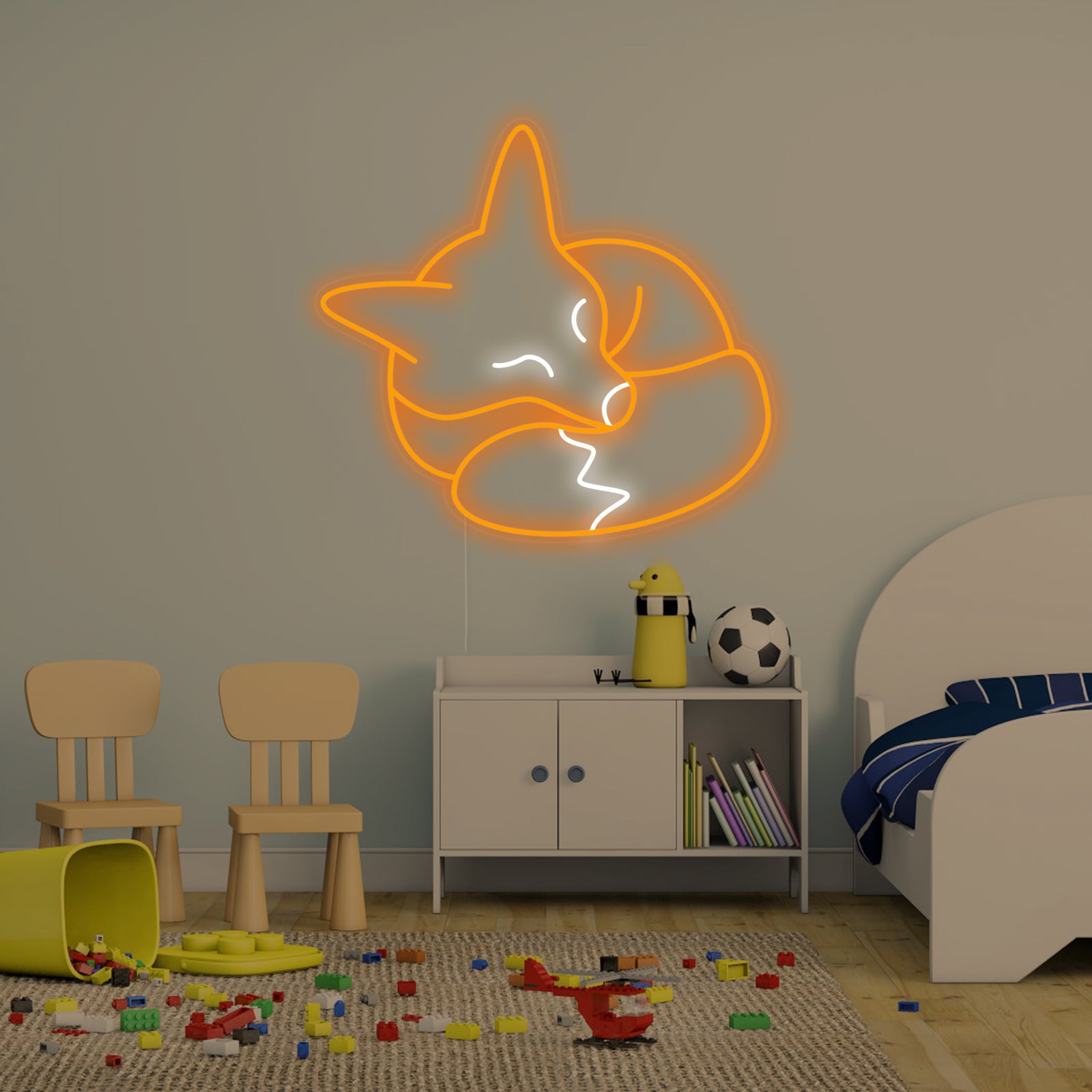 The sleeping fox neon sign glowing warmly, casting a soft light in a styled kids' room.