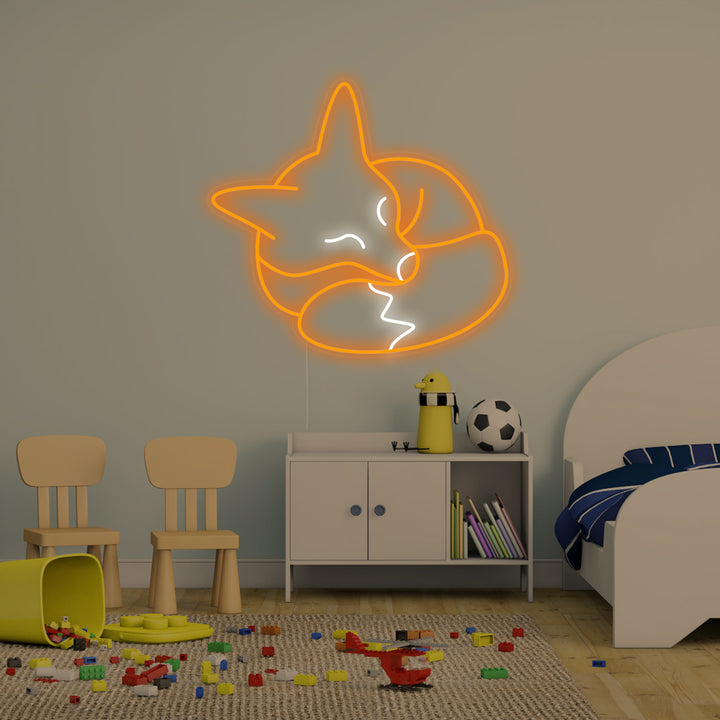 The sleeping fox neon sign glowing warmly, casting a soft light in a styled kids' room.