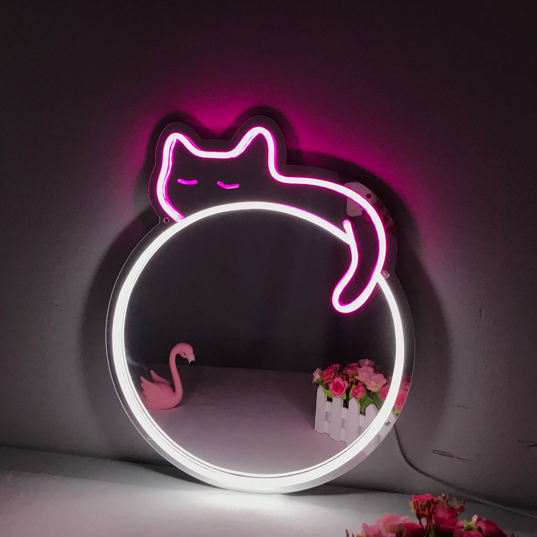 "Sleepy Cat, Cartoon, Dreamy Color Changing" Mirror Neon Sign