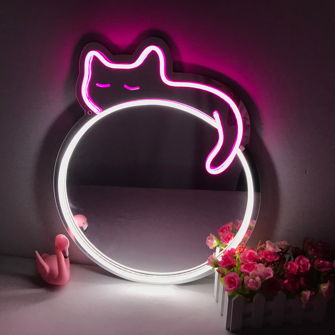 "Sleepy Cat, Cartoon, Dreamy Color Changing" Mirror Neon Sign