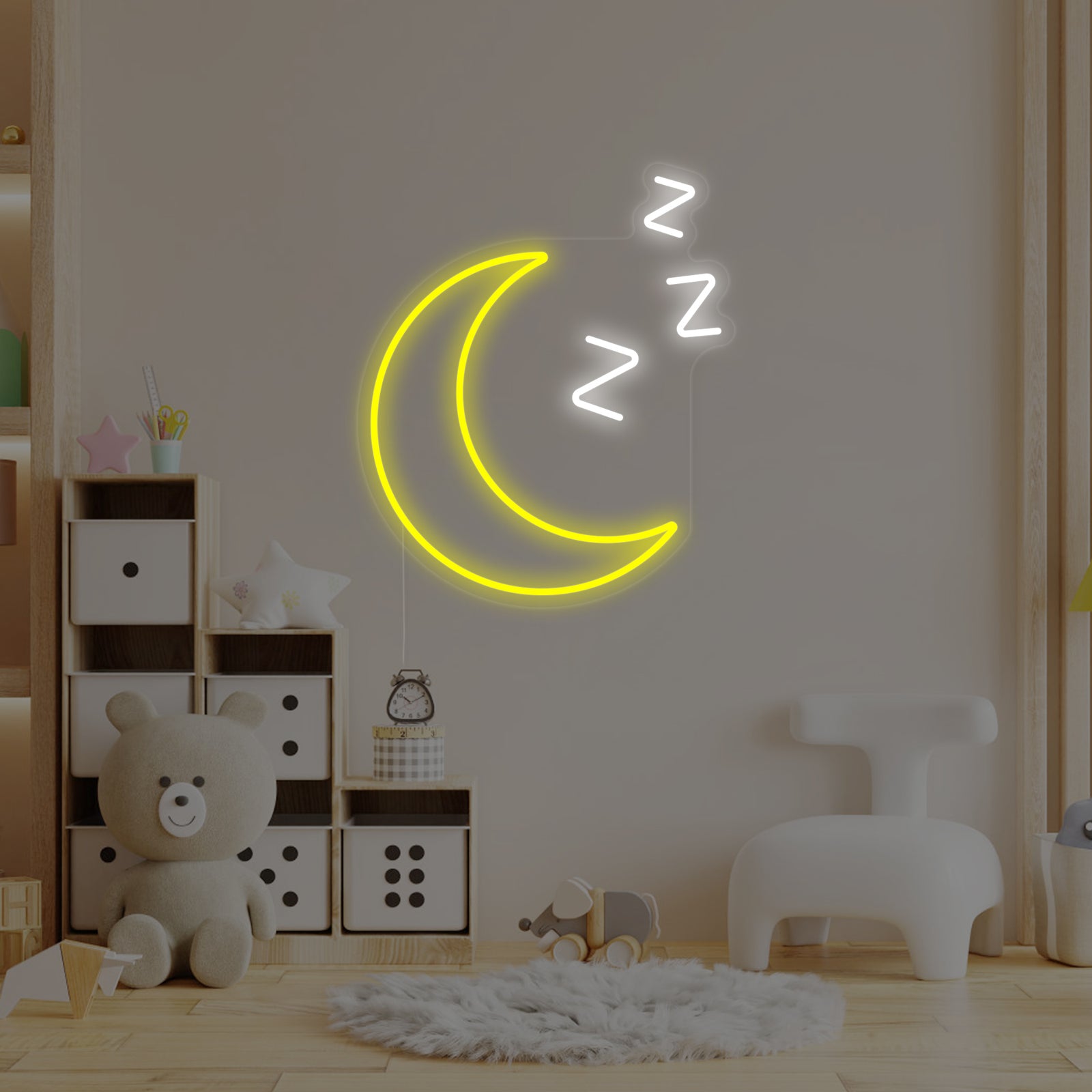 Close-up of the lit Sleepy Moon with ZZZ neon sign, showing the glowing blue tubes and clear acrylic backing.