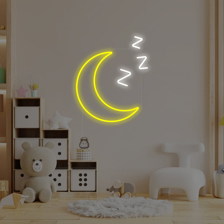 Close-up of the lit Sleepy Moon with ZZZ neon sign, showing the glowing blue tubes and clear acrylic backing.