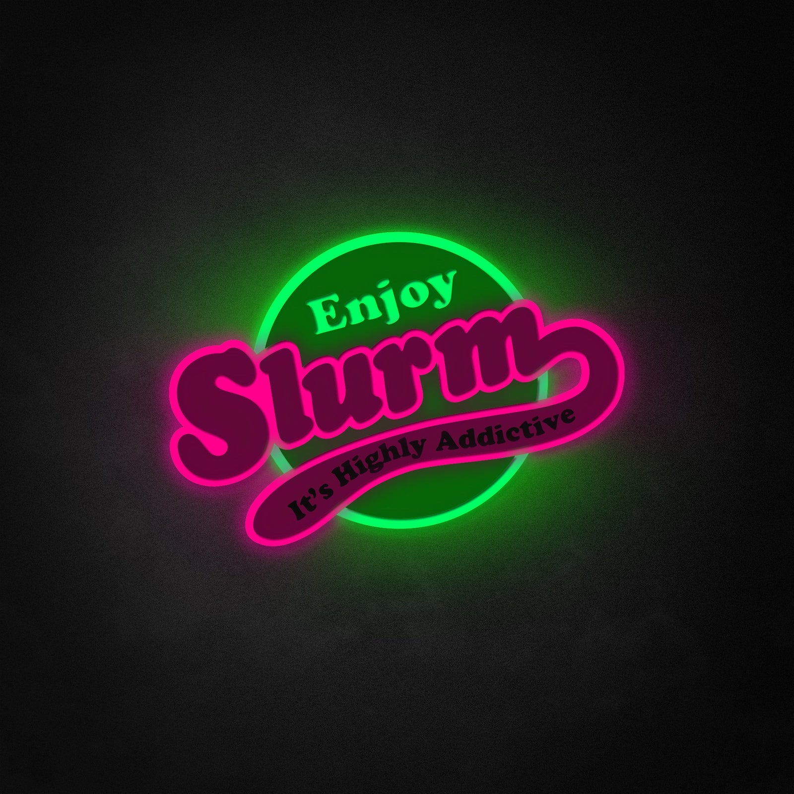 Flat graphic mockup of a Slurm Soda neon wall sign showing the glowing green bottle design against a dark textured background.