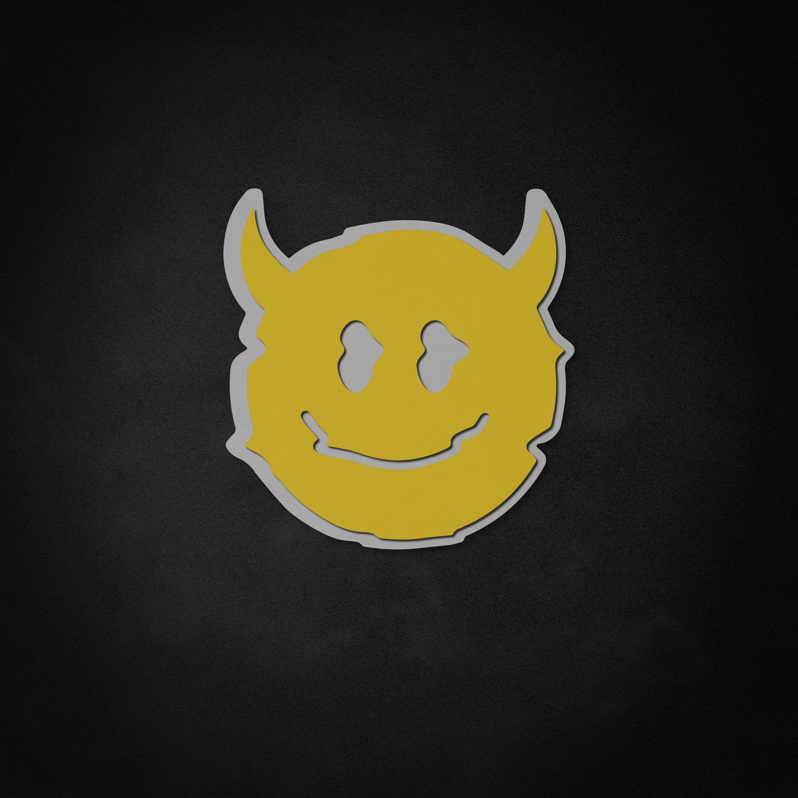 A glowing blue melting smiley face featuring mischievous red devil horns on a black background.