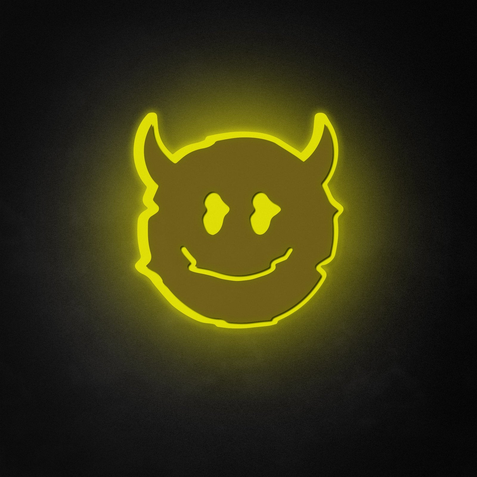 A graphic representation of a melting smiley face with red devil horns glowing against a dark textured background.