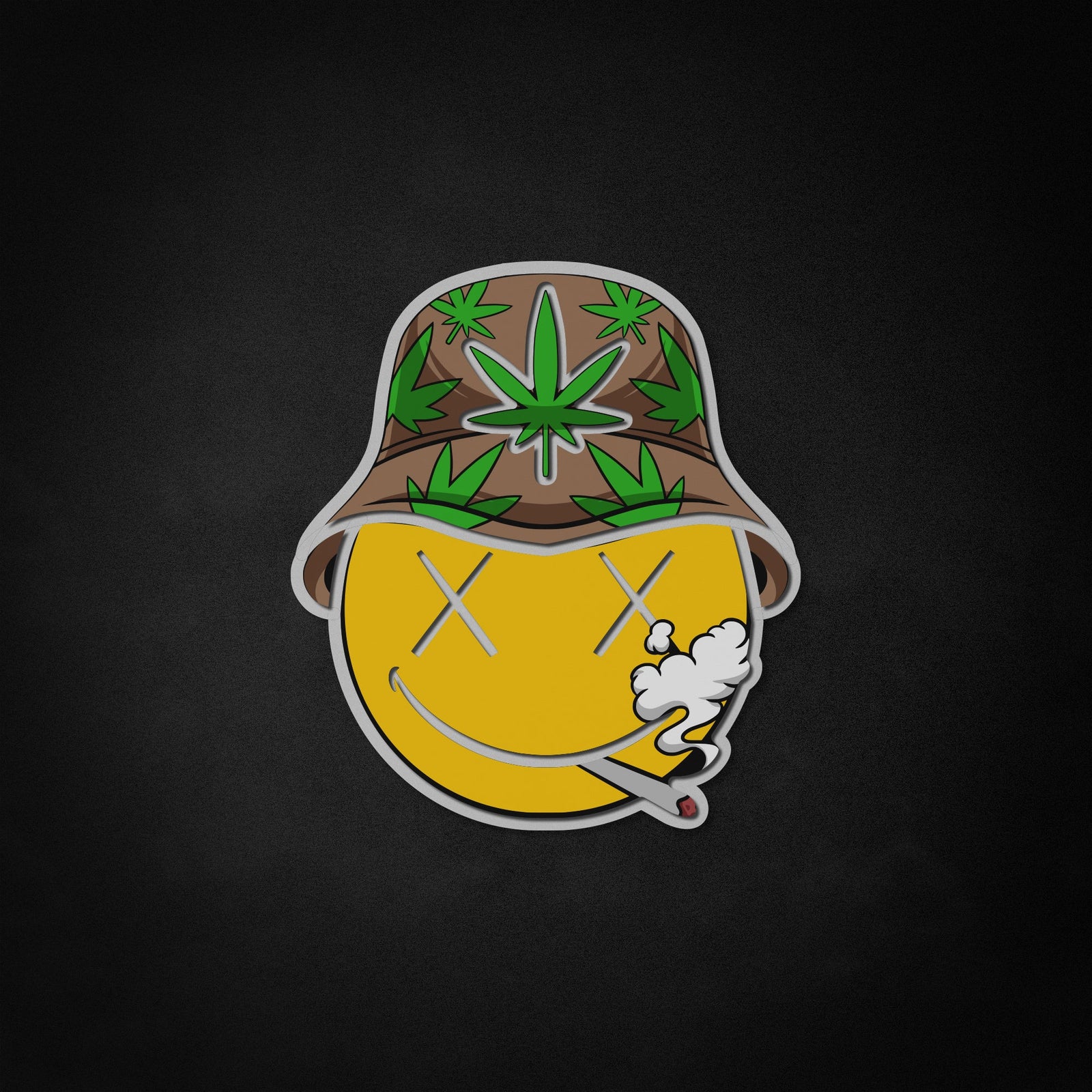 A cartoon graphic design of a character with green dreadlocks smoking, rendered in a glowing neon sign style.