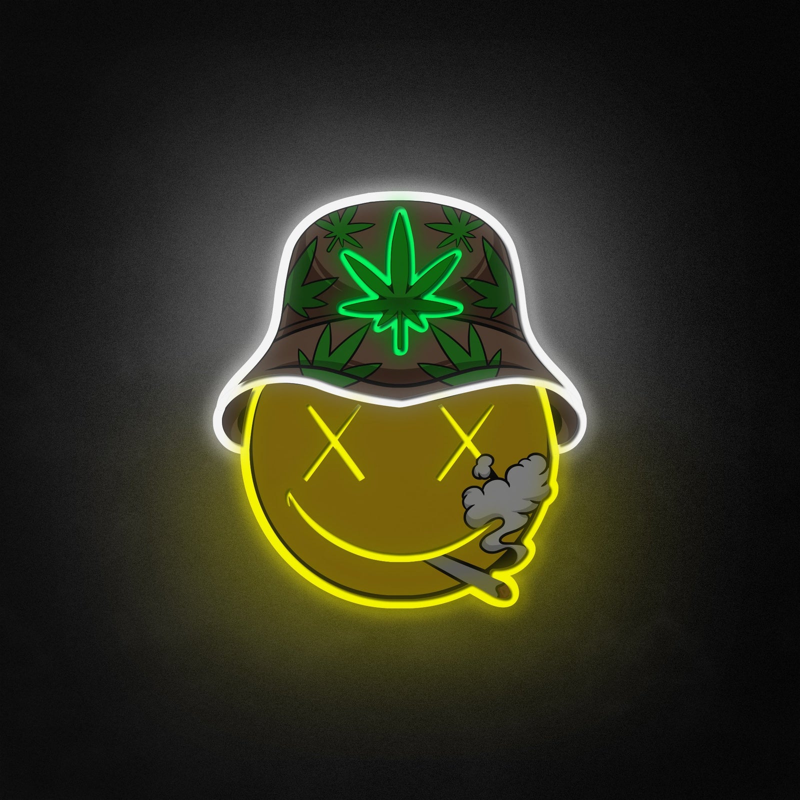 A graphic design image showing a cartoon character smoking a lit joint, depicted as a glowing neon sign against a dark textured background.