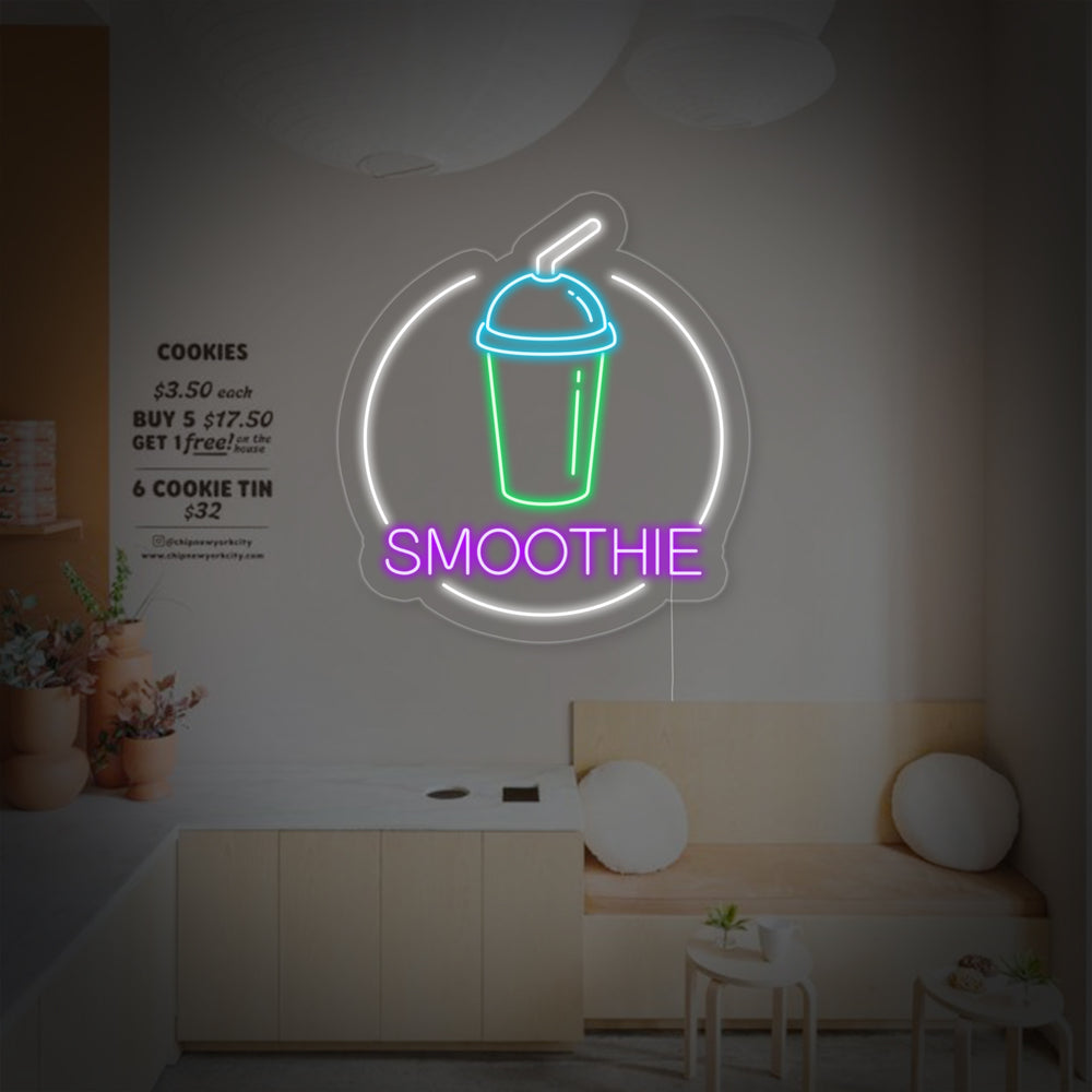 Smoothie neon sign displaying cool, colorful light.