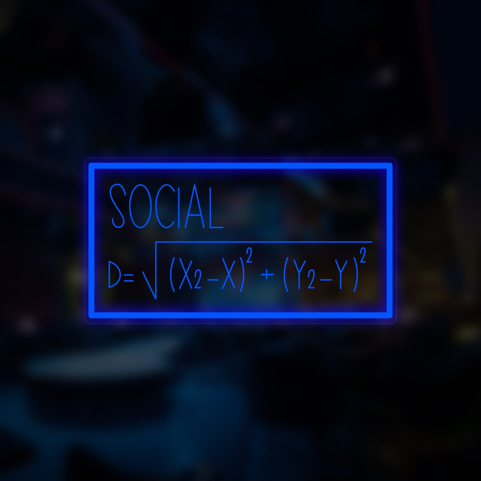A glowing blue 'Social Distancing Math' mini neon sign with white text, showing complex formulas and figures, mounted on an acrylic backing against a dark blurred background.