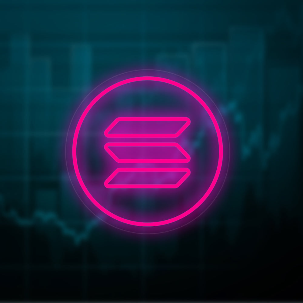 The official Solana SOL logo rendered as a high-quality neon sign design against a stylized background.