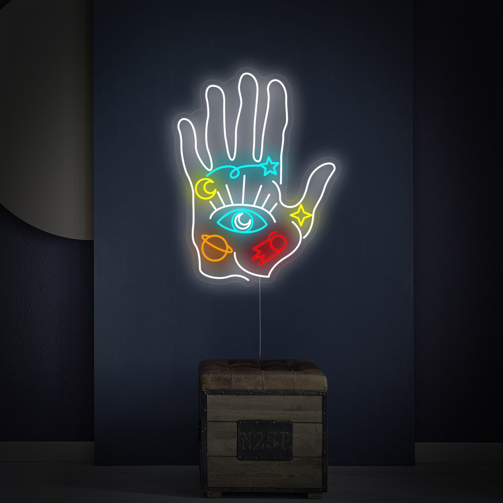 A clean, flat composition showing the complete design of the "Spiritual Hand" neon sign.