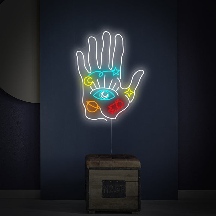 A clean, flat composition showing the complete design of the "Spiritual Hand" neon sign.