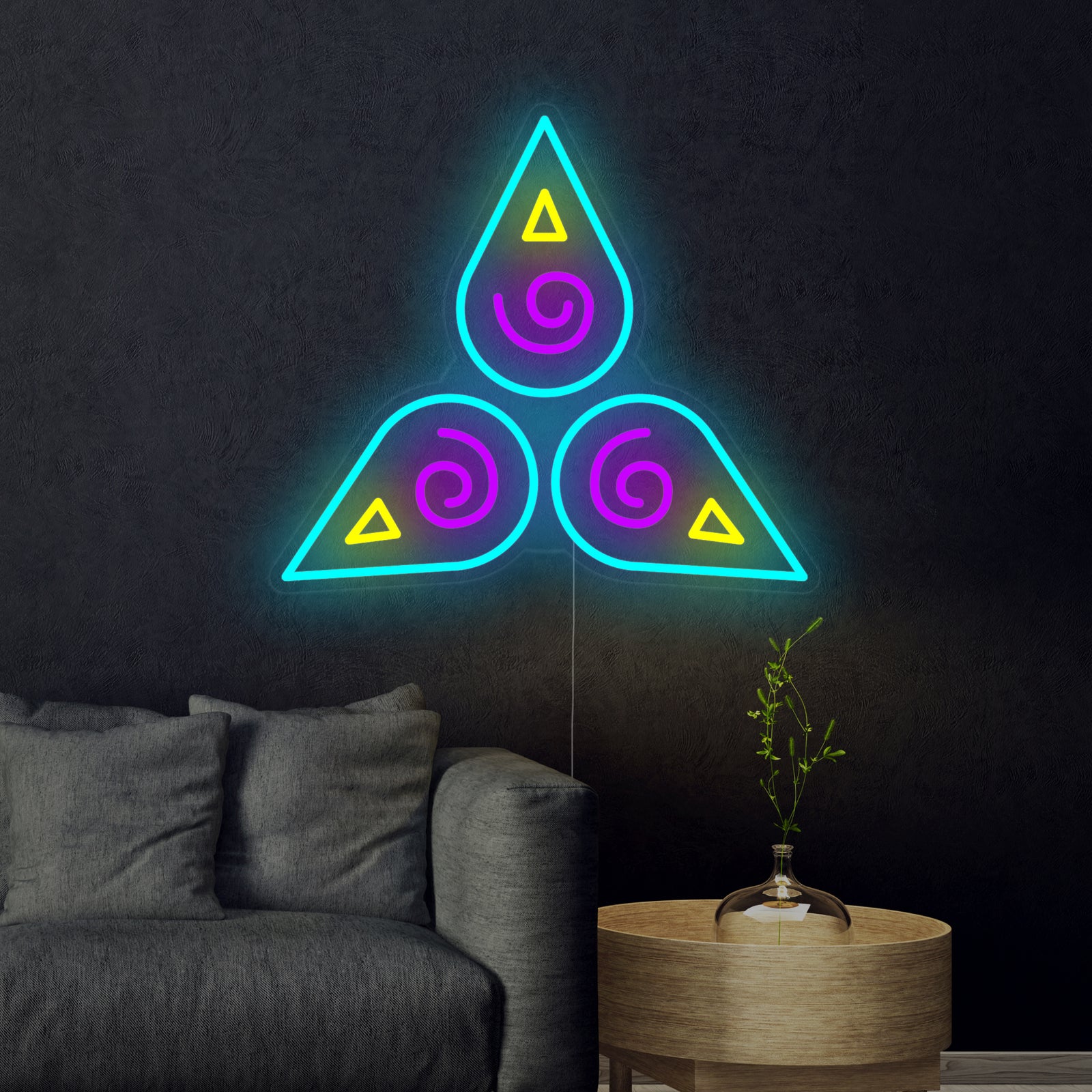 A hand-crafted "Spiritual" neon sign glows with warm light on a stylized wall, showcasing the design's bright tubing and serene blue light.