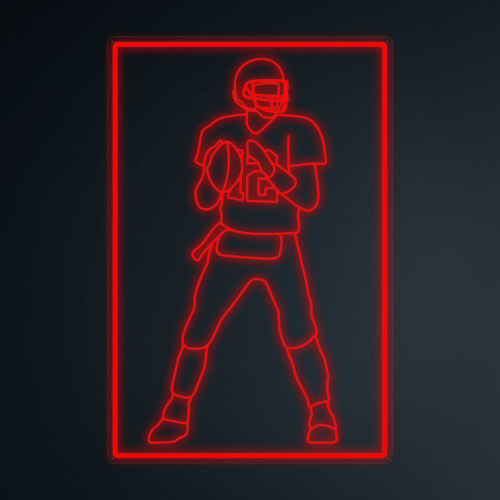 Graphic design rendering of an American Football Player mini neon sign glowing blue on a dark background.