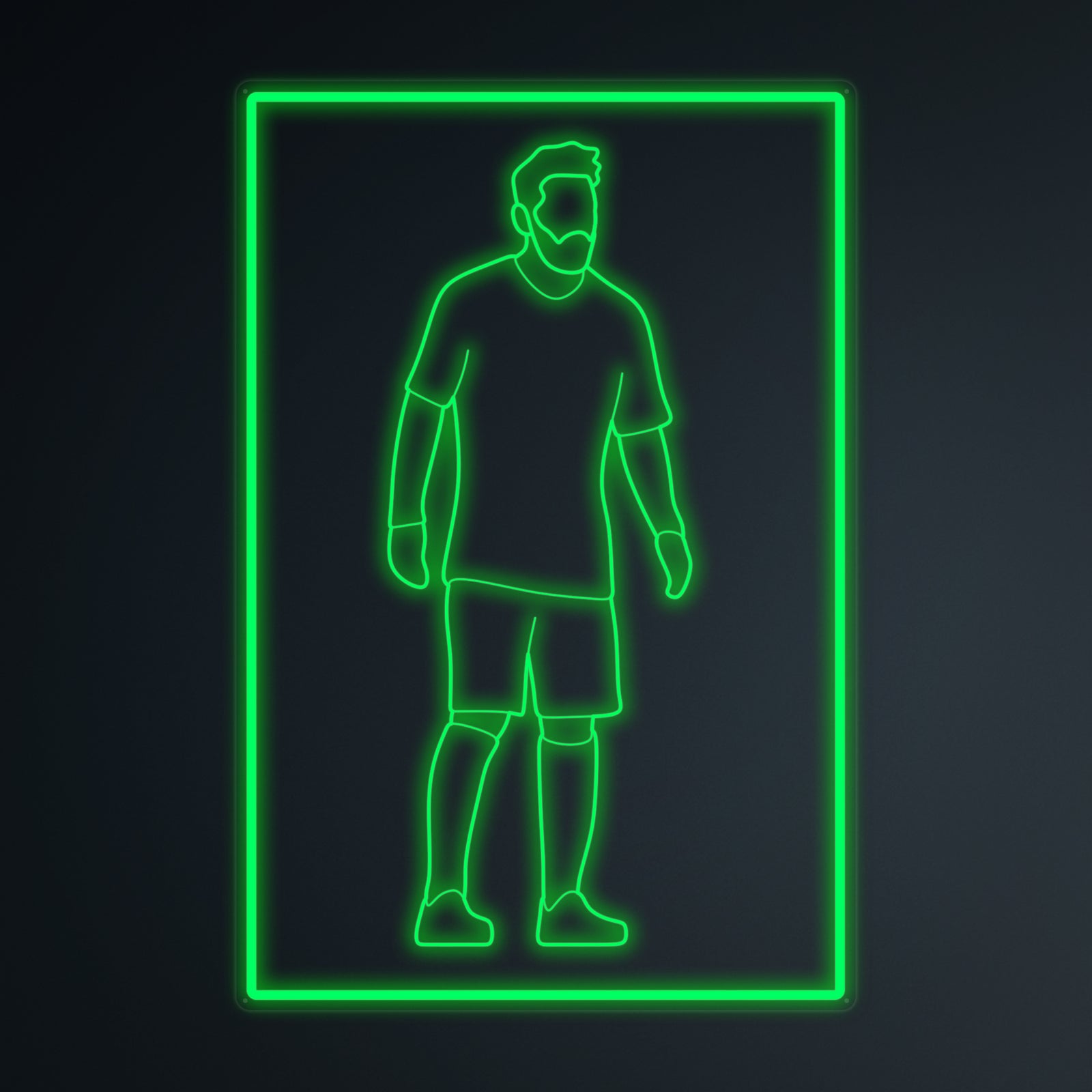 Orange neon sign of a soccer player with the number 10, viewed at an angle on a textured wall.