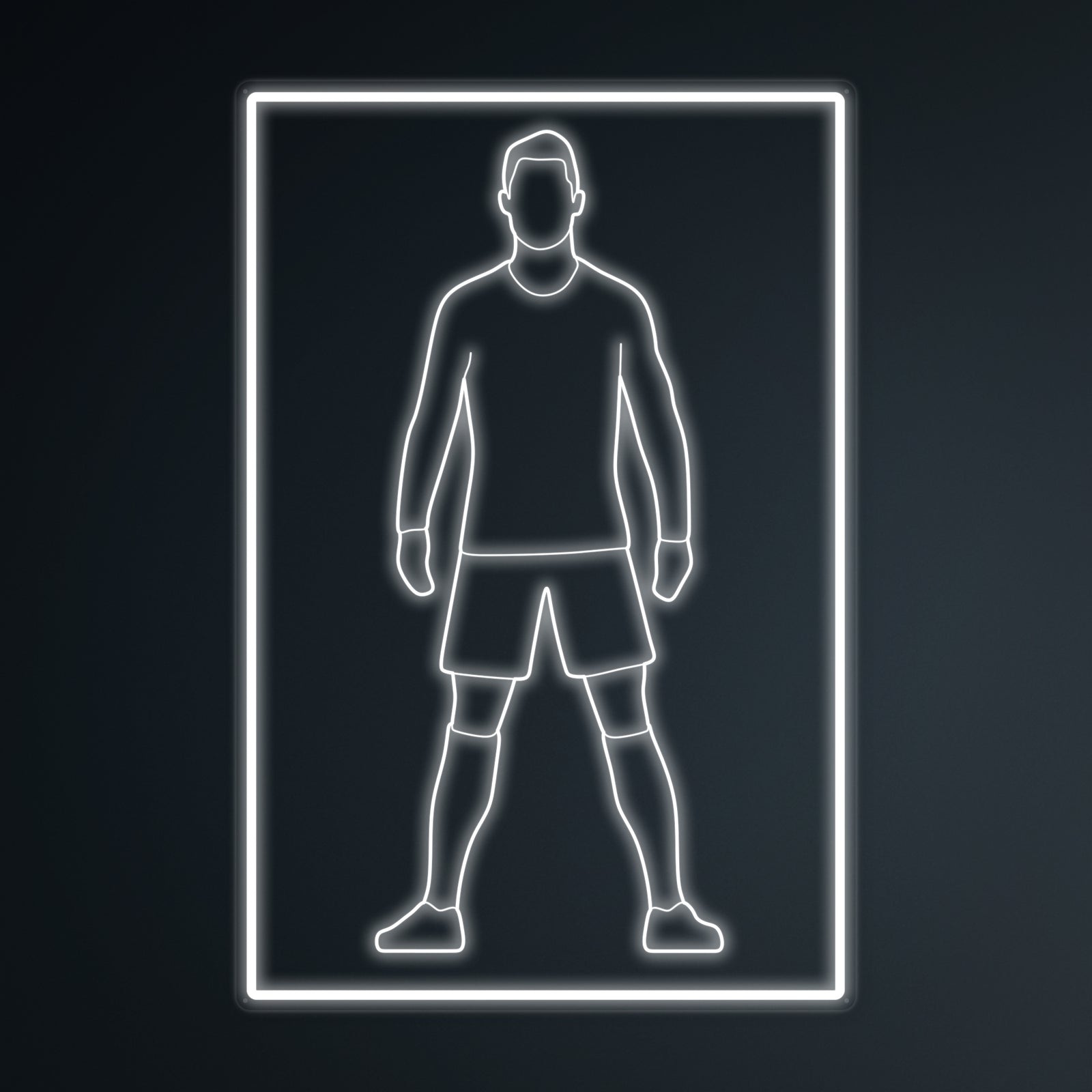A small neon sign of a soccer player with the number 7, glowing on a dark wall.