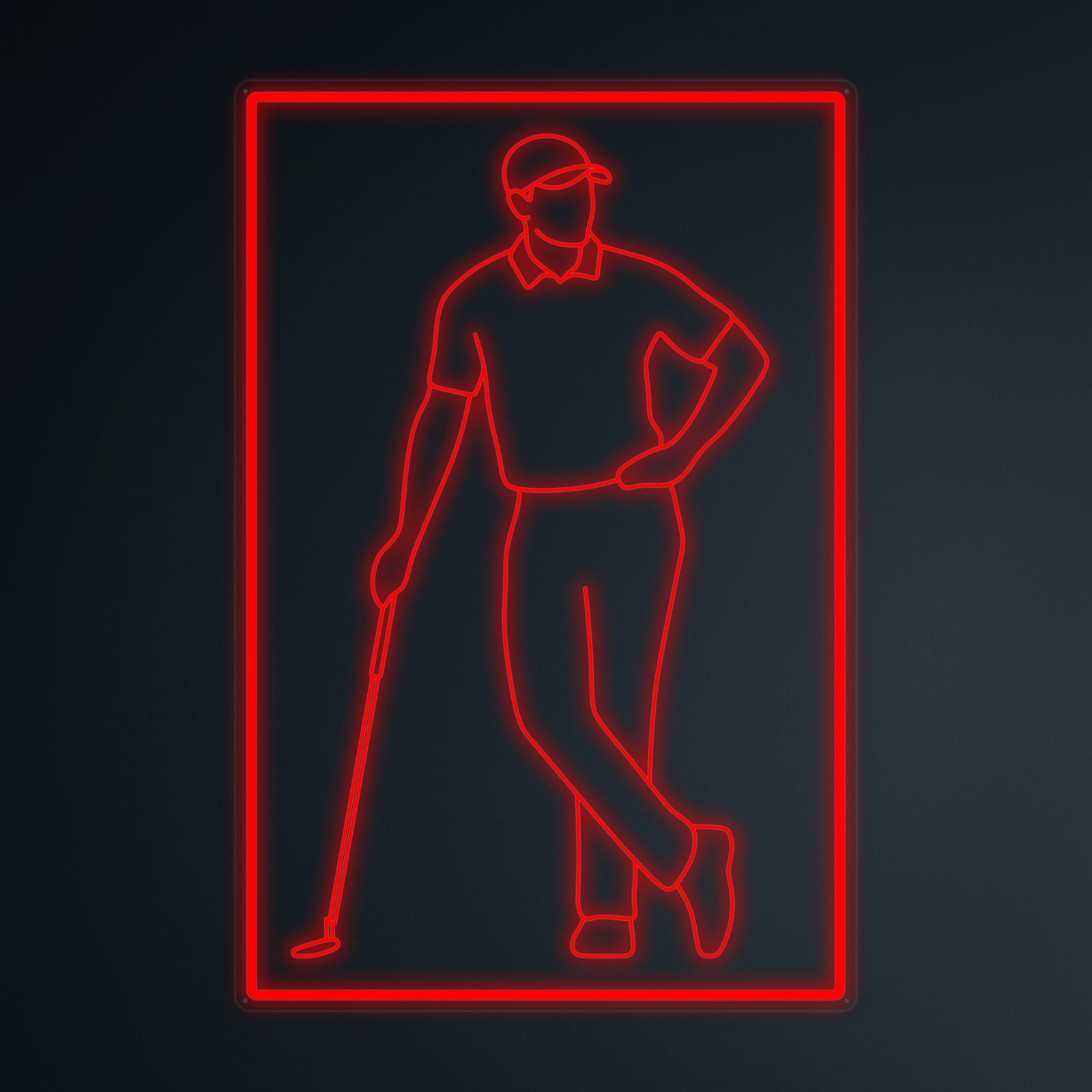 A clean, luminous golf player neon sign design graphic, showing a golfer in mid-swing on a dark background.