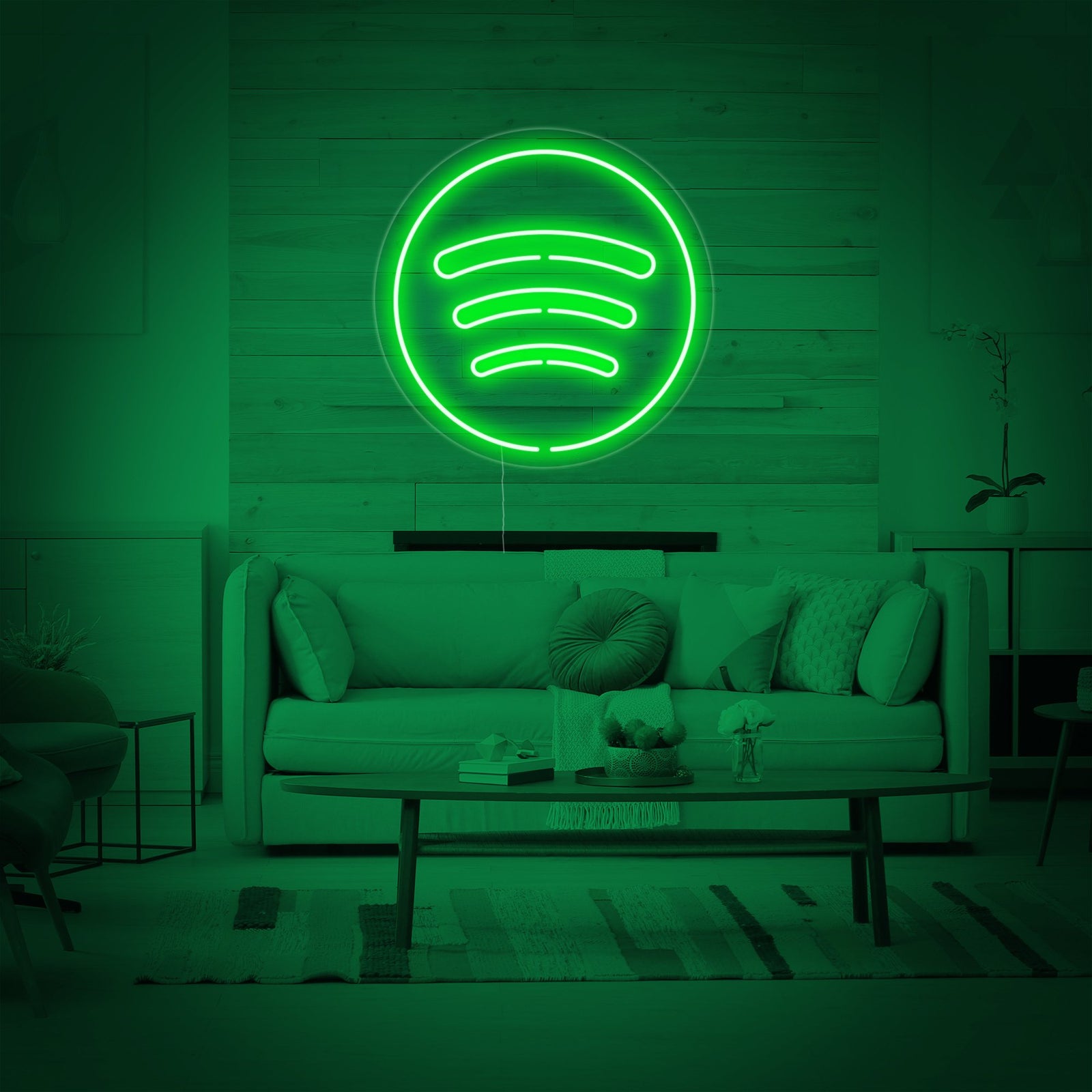 A clean, detailed illustration of a handcrafted Spotify logo neon sign glowing brightly against a plain background, highlighting the signature three curved lines.