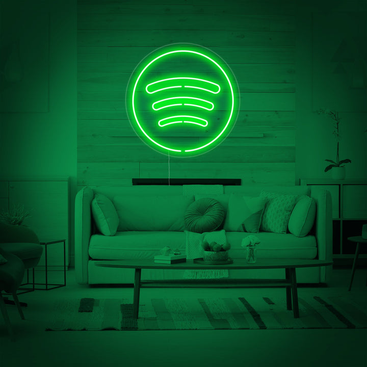 A clean, detailed illustration of a handcrafted Spotify logo neon sign glowing brightly against a plain background, highlighting the signature three curved lines.