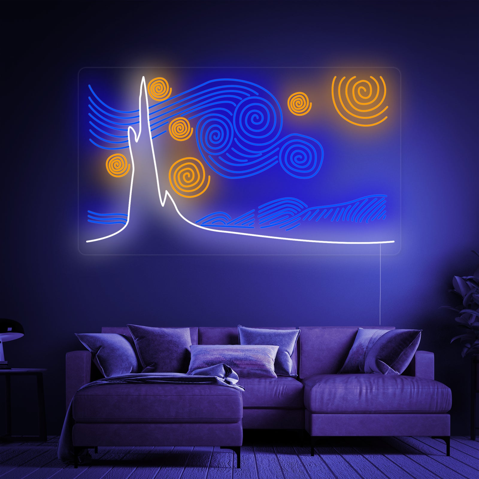 Close-up of the detailed line work and glowing blue/yellow colors of the Starry Night neon wall art