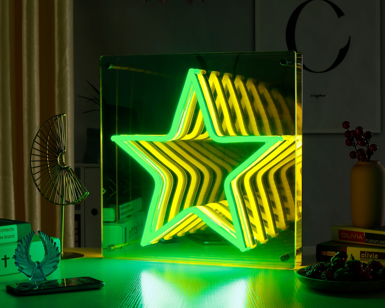 A glowing blue 'Stars' LED infinity neon sign displaying a hypnotic 3D tunnel reflection effect against a dark wall in a cozy room.