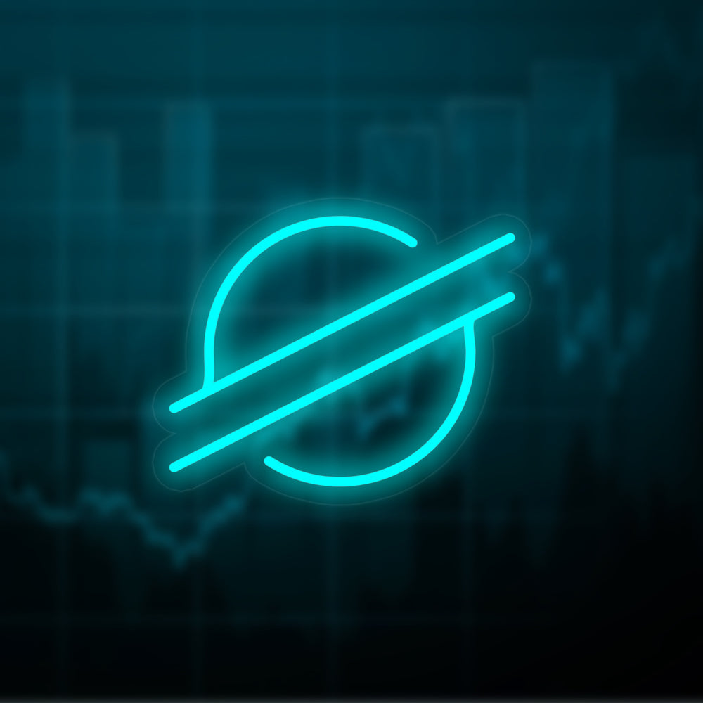 Digital rendering of the Stellar XLM rocket logo designed as a neon sign over a blurred financial chart background.