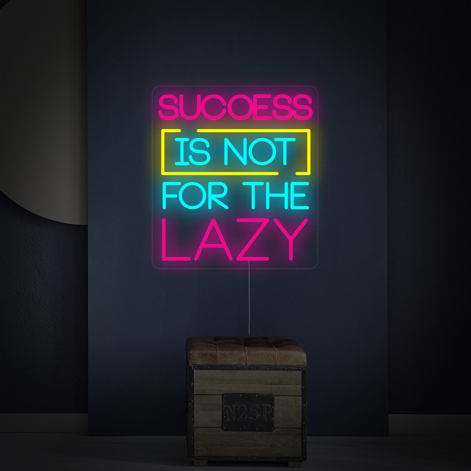Close-up view of the 'Success Is Not For The Lazy' neon sign mounted on a clear acrylic backing, showcasing the intricate glowing letters.