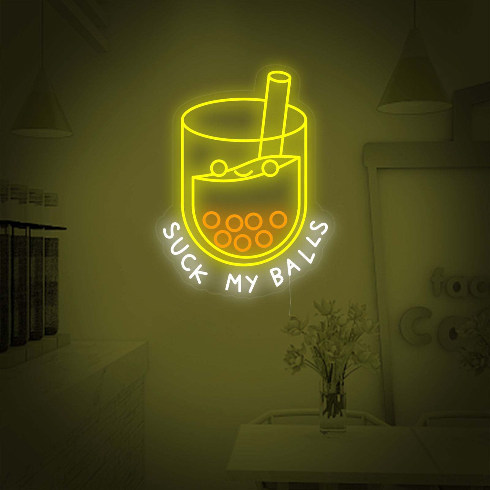 Detailed graphic render of the "Suck my balls" neon sign, showing the glowing pink script and cartoon boba cup graphic mounted on a clear acrylic backing against a dark blue background.
