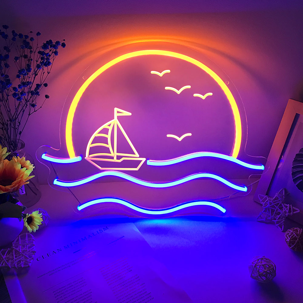Sunrise Sunset, Sea Wave Mini Neon Sign with blue waves and yellow sun