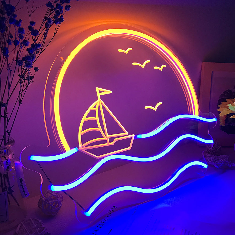 Close up of Sunrise Sunset, Sea Wave Mini Neon Sign on clear acrylic backing