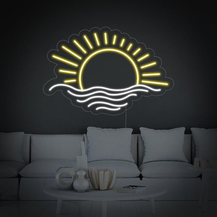 Close-up photograph of the Sunset Sea neon sign's intricate design, showing the tubing forming the sun, waves, and reflections, unlit against a dark surface.