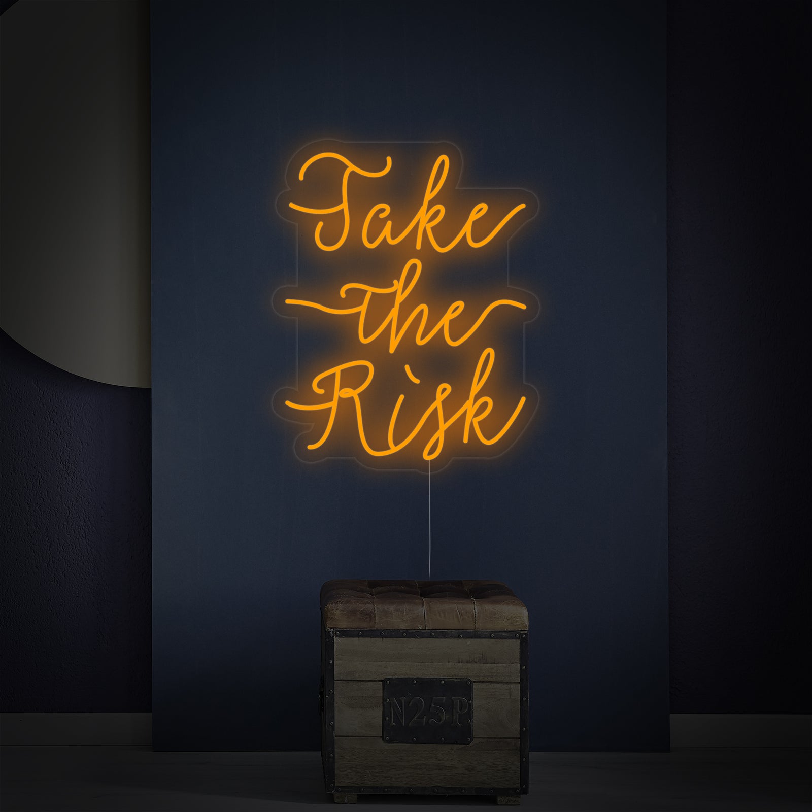 A focused photo of the 'Take The Risk' neon sign, showing the clear acrylic backing and glowing letters.