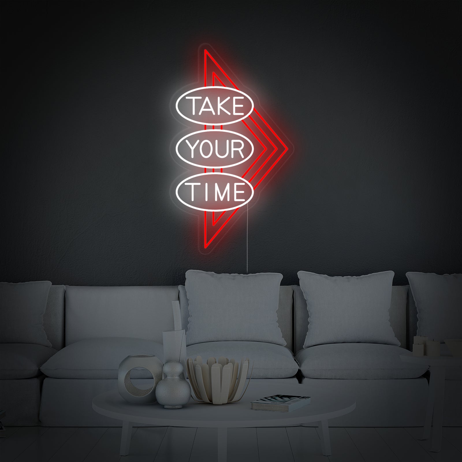 A professional product photo of the 'Take Your Time' neon sign mounted on a textured brick wall.