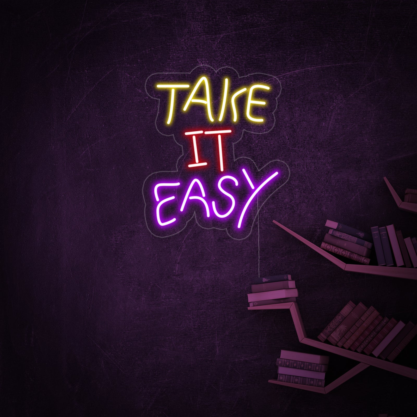 A clean, direct view of the 'Take it Easy' neon sign showing its precise design, mounting, and craftsmanship details.