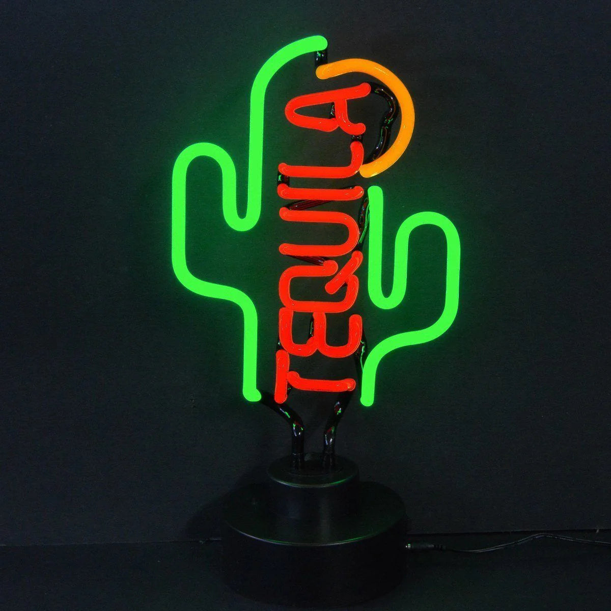 Hand-bent glass neon table sign showing a green cactus with a yellow tequila label, freestanding on its white base with a power cord.